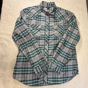 Helix Mens XL Teal Grey Plaid Western Pearl Snap Roll Tab Long Sleeve Shirt